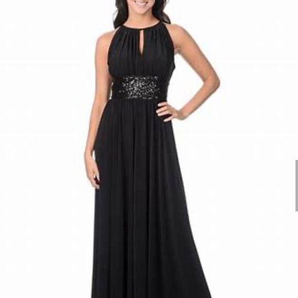 R & M Richards SZ 14 Black Gown Grecian Sequin  Formal Bridesmaid Prom Black Tie - Picture 1 of 10
